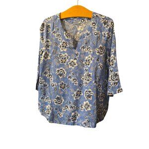 J Jill Love Linen Women's Pullover Top Tunic Medium Blue White Floral 3/4 Sleeve